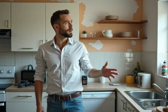 Locataire montrant des modifications non autorisées sur le mur d'un appartement en location