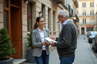 Locataire remettant une lettre de préavis en main propre à son propriétaire à l'entrée d'un immeuble résidentiel