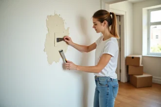 Locataire réparant un trou dans le mur d'un appartement vide avant de rendre les clés au propriétaire