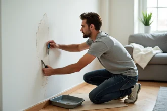 Locataire réparant un trou dans un mur d'appartement avec un couteau à enduire