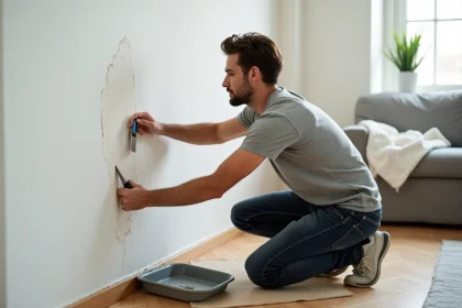 Locataire réparant un trou dans un mur d'appartement avec un couteau à enduire