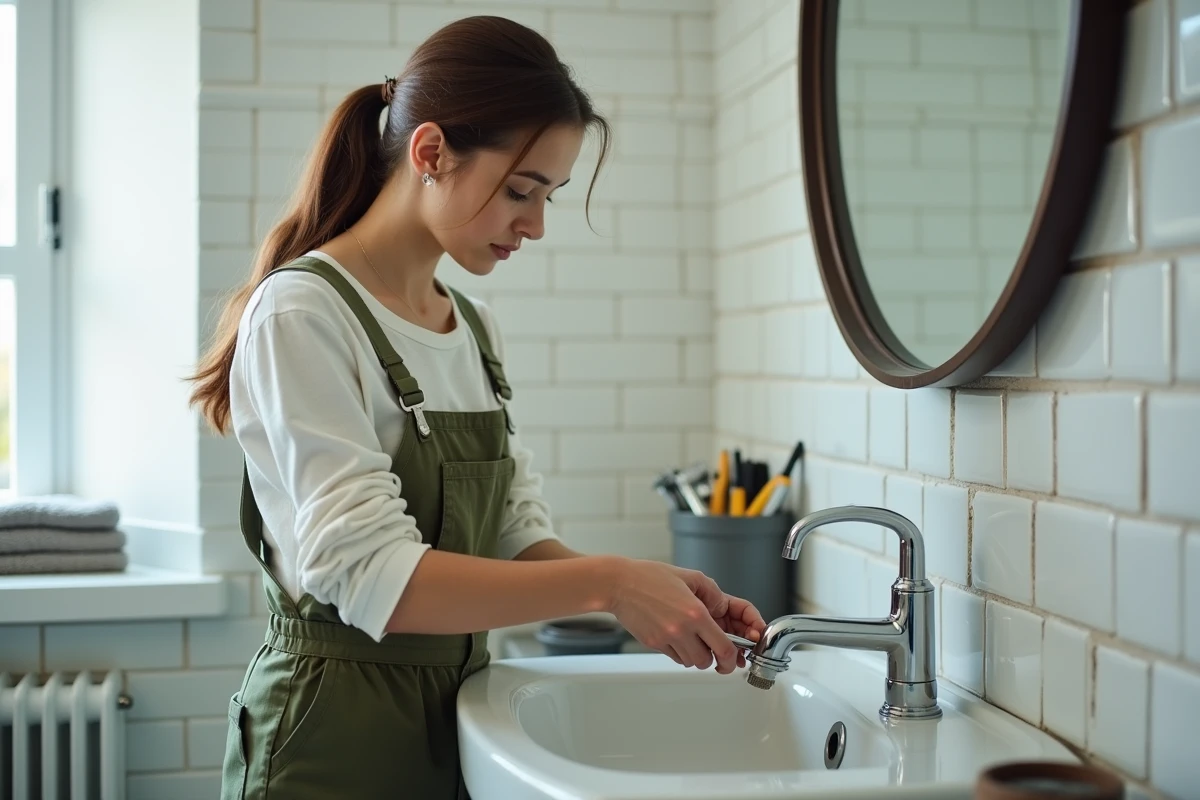 Locataire effectuant une petite réparation de robinet dans la salle de bain de son appartement