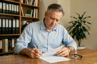 Locataire commercial examinant un document de révision de loyer à son bureau avec une expression préoccupée