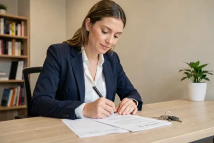 Locataire signant une attestation de remise de clés dans une agence immobilière moderne