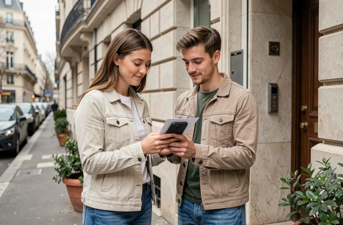 Couple de locataires satisfaits consultant leur contrat de location devant un immeuble géré par Orpi Invest Immo