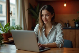 Femme consultant des plateformes de location alternatives à Airbnb sur son ordinateur portable dans un appartement moderne