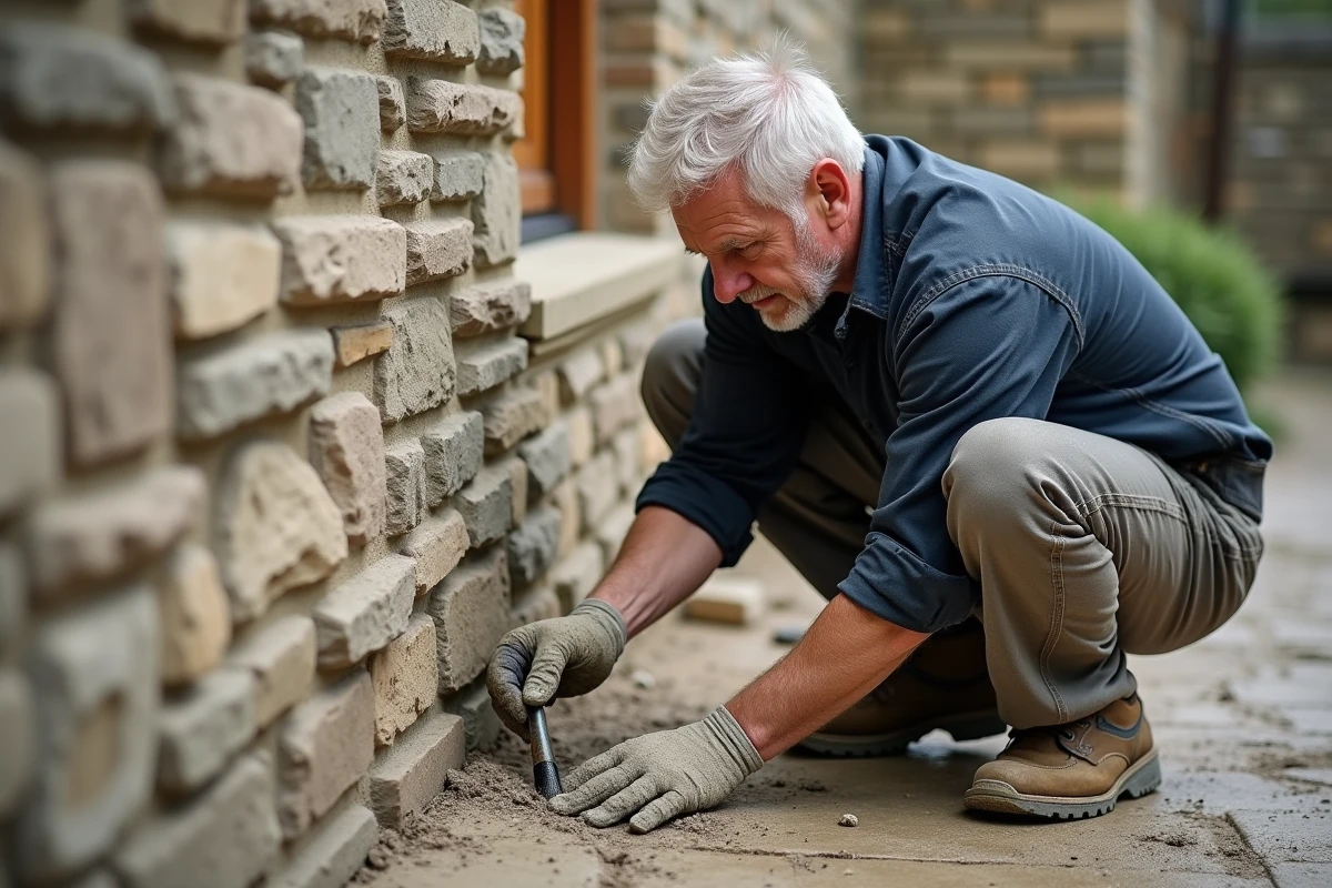 Maçon expérimenté appliquant au pinceau un mortier de finition sur les joints d'une façade en pierre de granit lors d'un ravalement artisanal
