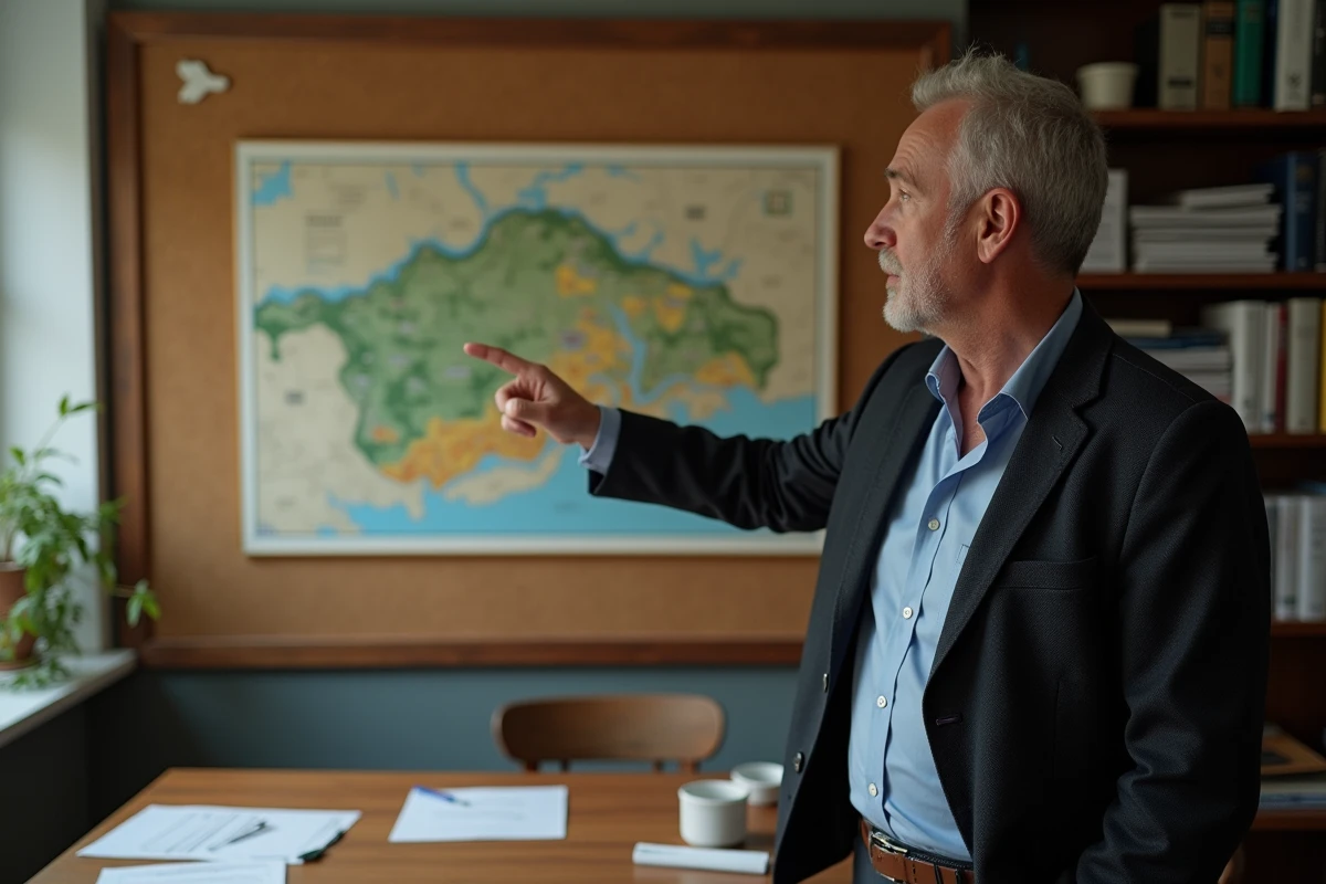 Maire d'une commune rurale présentant une stratégie de repeuplement sur une carte municipale dans sa mairie