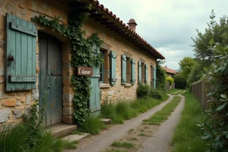Maison abandonnée en pierre avec panneau 'À donner' dans un village rural français, façade envahie par le lierre