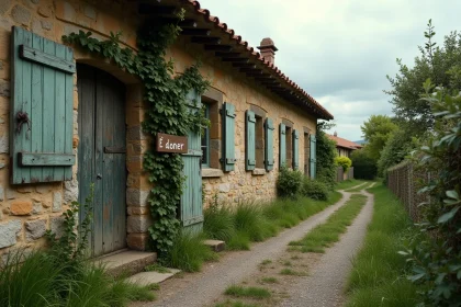 Maison abandonnée en pierre avec panneau 'À donner' dans un village rural français, façade envahie par le lierre