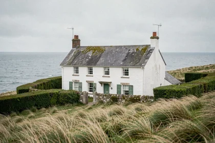Maison normande traditionnelle vue mer sur une colline côtière avec haies taillées par le vent