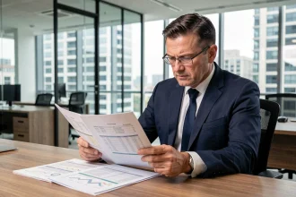 Marchand de biens analysant des documents fiscaux sur la TVA sur marge dans un bureau immobilier professionnel