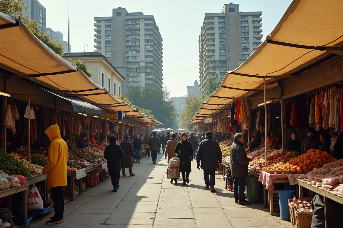 Marché de plein air animé en Seine-Saint-Denis avec des tours HLM en arrière-plan illustrant la densité de population
