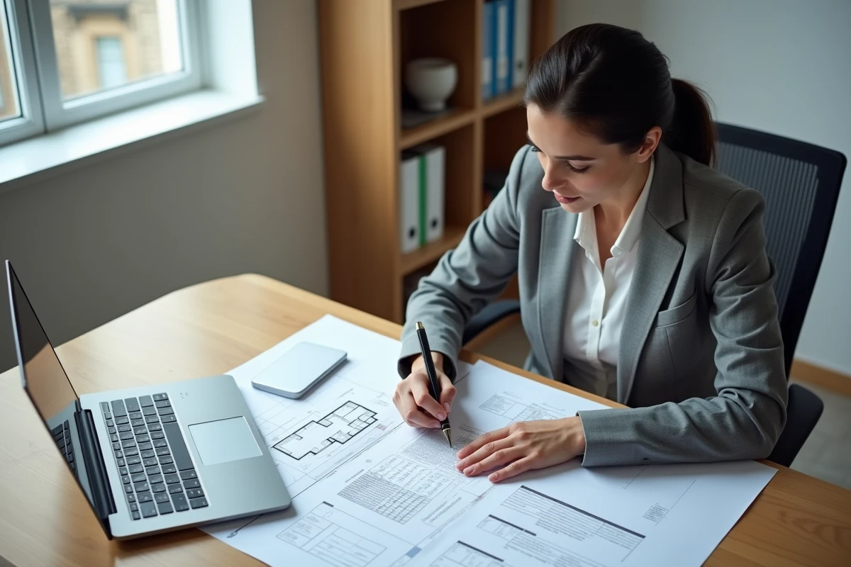 Femme comparant un modèle de panneau de permis de construire avec des documents administratifs officiels sur un bureau de travail