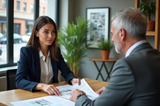 Une femme négocie avec un agent immobilier autour d'un bureau dans une agence moderne