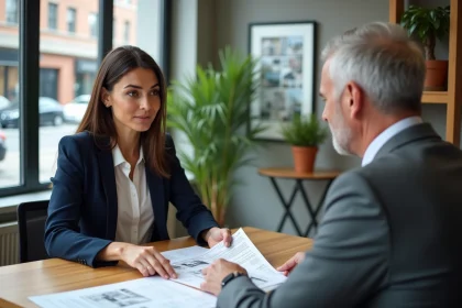 Une femme négocie avec un agent immobilier autour d'un bureau dans une agence moderne
