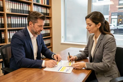 Agent immobilier et propriétaire de commerce négociant un bail commercial avec diagnostics obligatoires sur une table de réunion