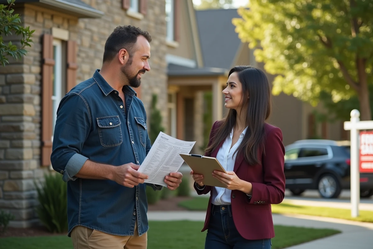 Un homme discute d'une offre avec une agente immobilière devant une maison à vendre en banlieue