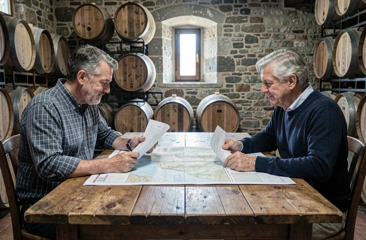 Négociation de la reprise d'un domaine viticole bordelais autour d'un plan de vignoble dans un chai en pierre