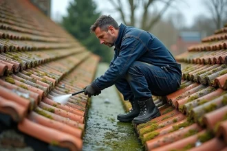 Artisan effectuant le nettoyage d'une toiture en tuiles recouvertes de mousse sur une maison individuelle en banlieue française