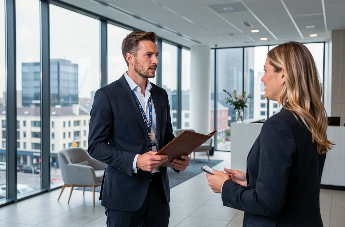 Conseiller Nexity Conseil et Transaction Lille en entretien avec une cliente dans un espace de réception moderne