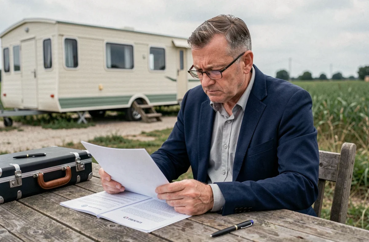 Notaire révisant un contrat de vente de parcelle avec mobil-home en Vendée à l'extérieur