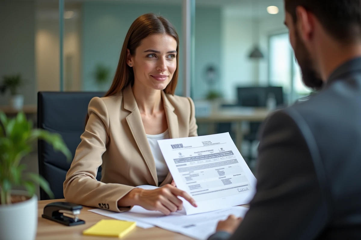 Notaire ou agent immobilier expliquant la nouvelle déclaration de propriété à un client dans un bureau professionnel