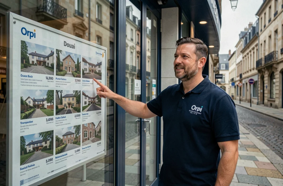 Agent de l'agence Orpi Douai présentant des annonces immobilières en vitrine