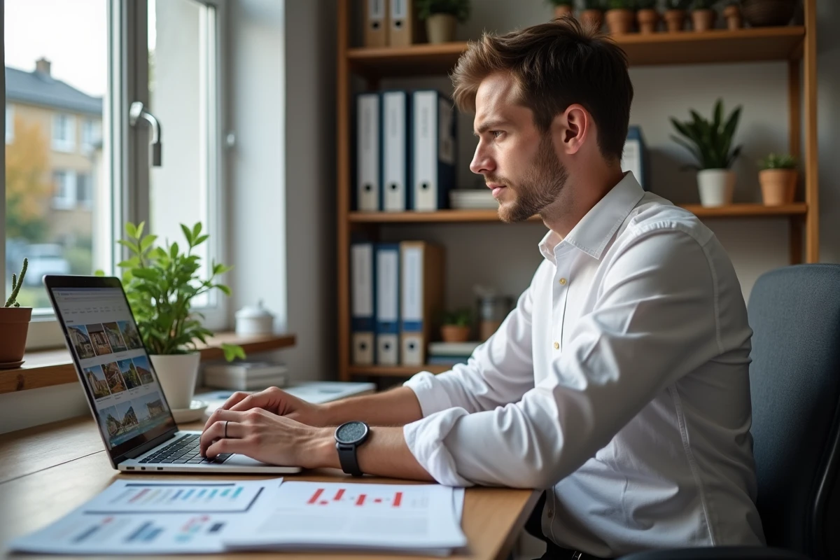 Homme consultant un outil en ligne d'évaluation immobilière sur son bureau avec des annonces de biens