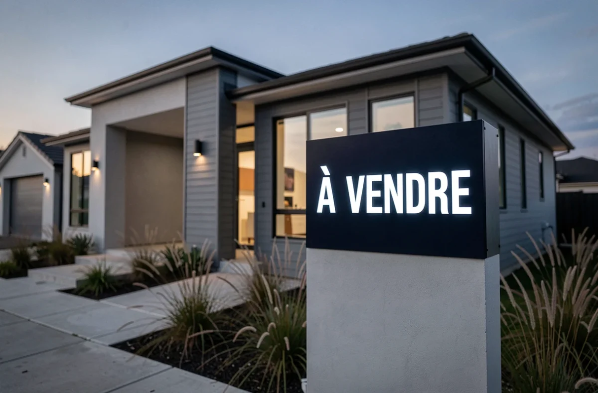 Panneau lumineux LED à vendre sur maison contemporaine au crépuscule avec fort contraste visuel et design moderne