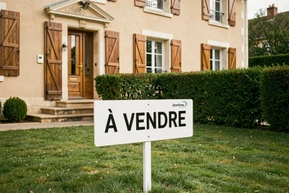 Panneau immobilier classique à vendre planté devant une maison pavillonnaire française avec facade beige et volets en bois