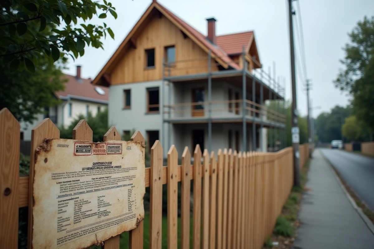 Panneau de permis de construire affiché sur un chantier de construction de maison individuelle en zone pavillonnaire