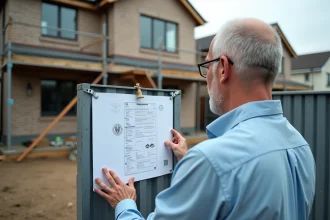 Homme examinant un panneau de permis de construire conforme fixé sur une clôture de chantier devant une maison en construction