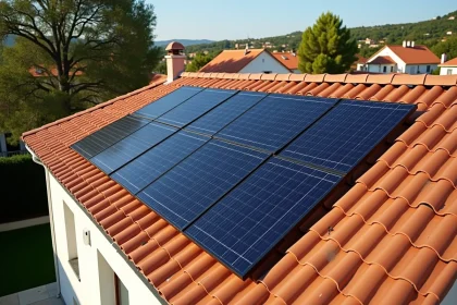 Panneaux solaires monocristallins installés sur le toit d'une maison de 100m² en zone pavillonnaire française