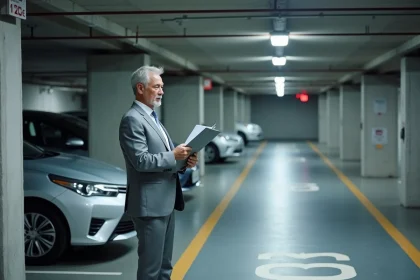 Homme en costume examinant des documents dans un parking souterrain en béton pour évaluer l'amortissement immobilier