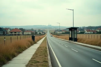 Paysage périurbain français avec maisons pavillonnaires, champs agricoles et silhouette urbaine lointaine
