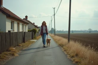 Femme promenant son chien à la lisière d'un quartier périurbain français, entre maisons pavillonnaires et champs agricoles