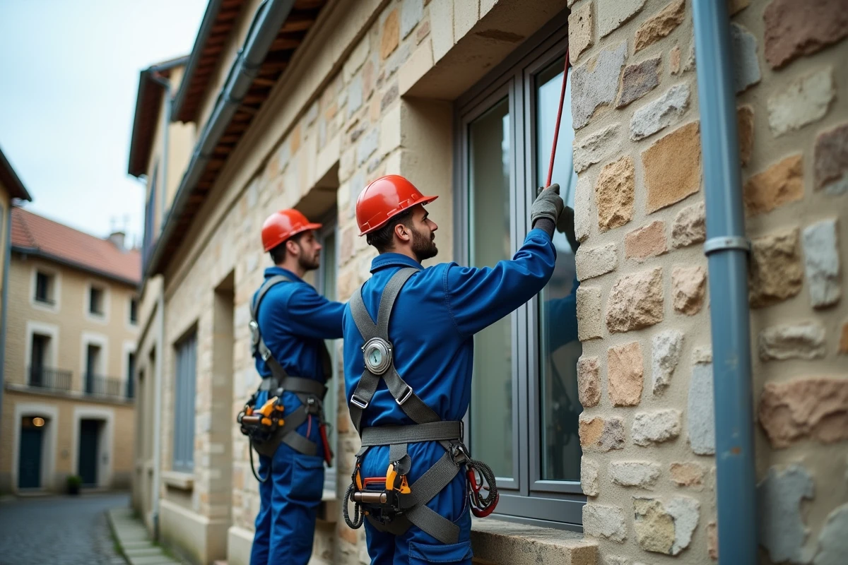 Ouvriers posant des fenêtres à double vitrage sur un immeuble locatif ancien en pierre, travaux éligibles au déficit foncier