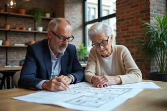 Une femme senior et un architecte examinent les plans d'une résidence senior autour d'une table de travail moderne
