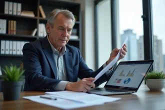Propriétaire bailleur professionnel analysant des documents fiscaux LMP et LMNP sur son bureau