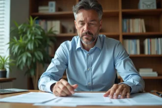 Propriétaire bailleur examinant des documents fiscaux liés au régime micro-foncier ou au régime réel à son bureau à domicile