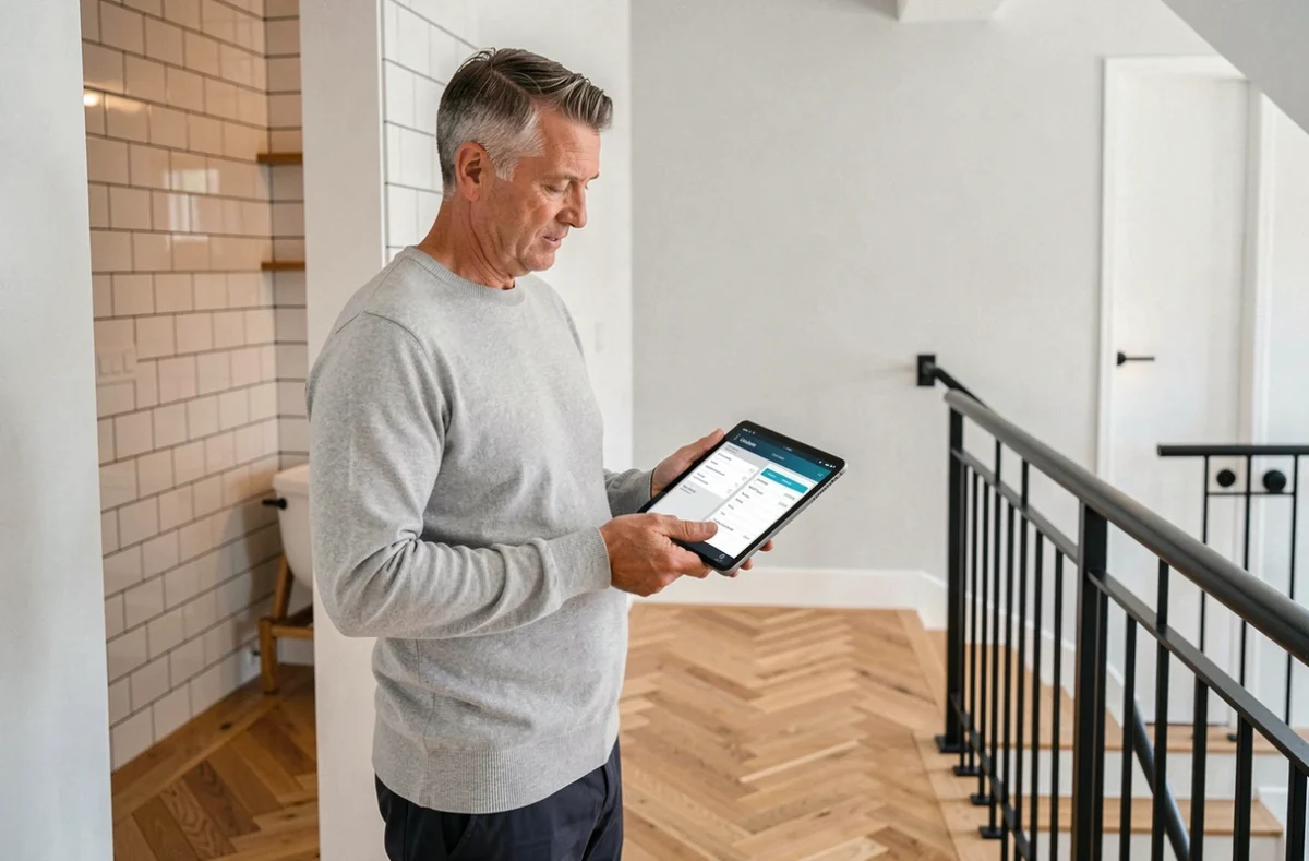 Propriétaire bailleur consultant l'interface de gestion locative MyFoncia sur une tablette dans un appartement en location rénové
