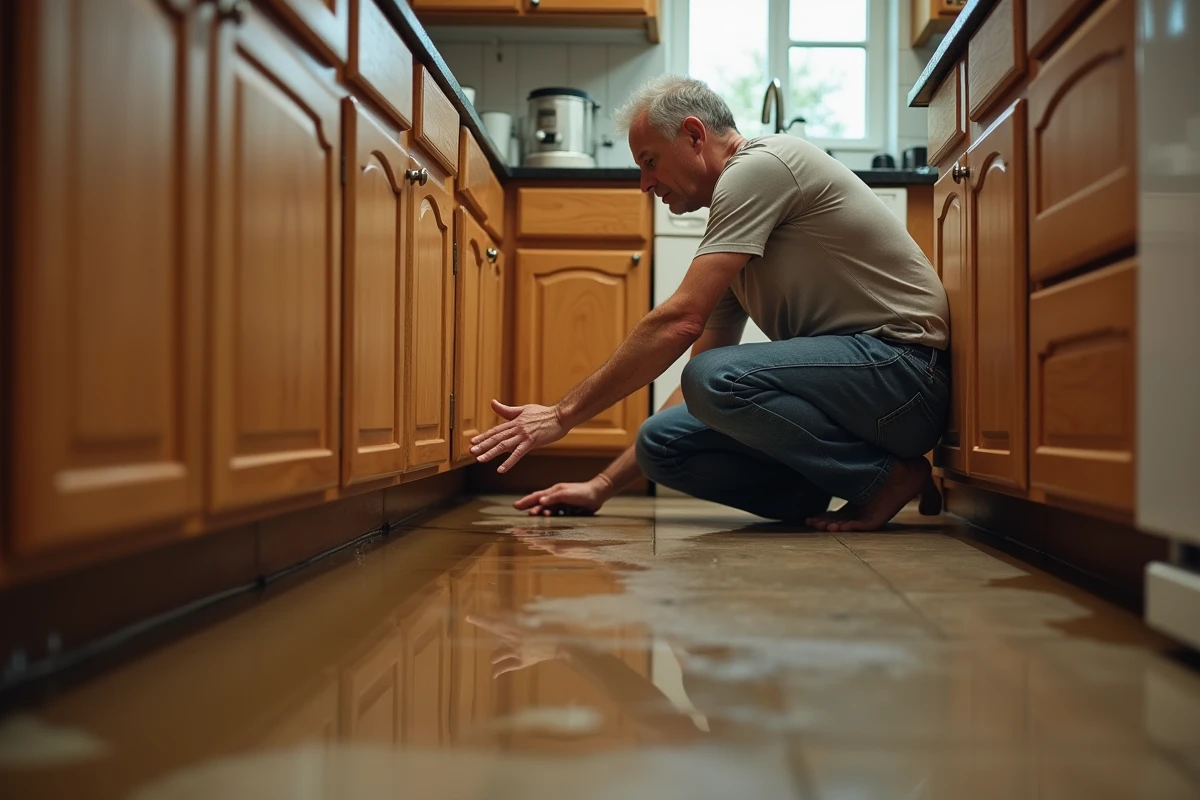 Homme constatant un dégât des eaux dans sa cuisine avec des meubles abîmés par l'humidité