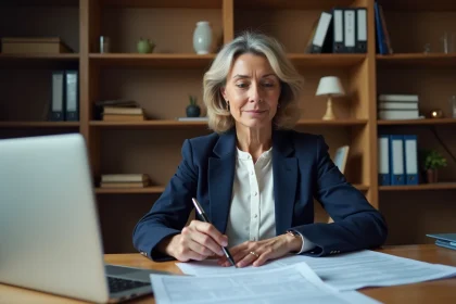 Propriétaire femme examinant des documents de déclaration fiscale sur un bureau à domicile