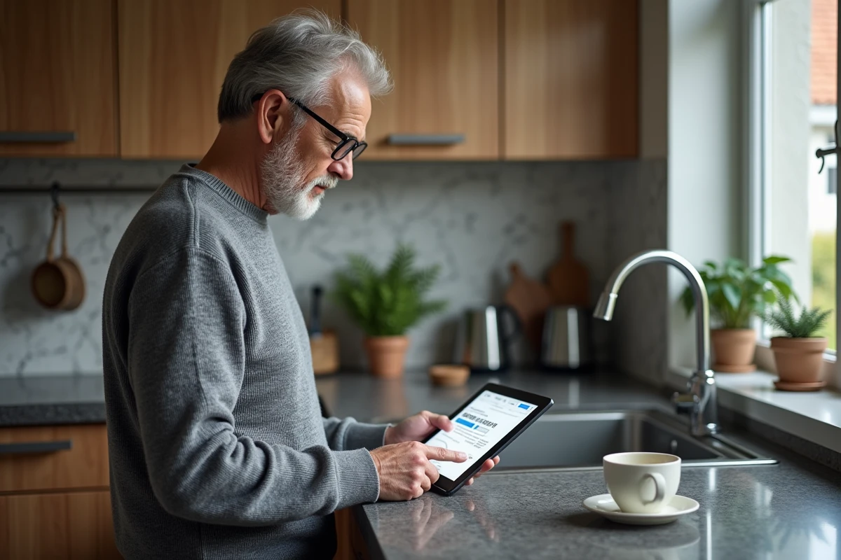 Homme propriétaire consultant le site officiel de déclaration de bien immobilier sur une tablette