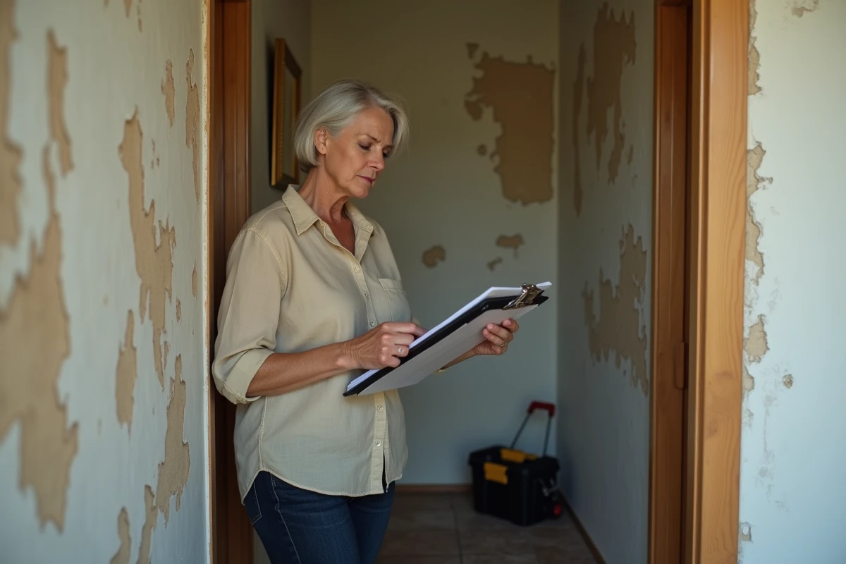 Propriétaire examinant un devis de travaux de rénovation dans le couloir d'un appartement ancien