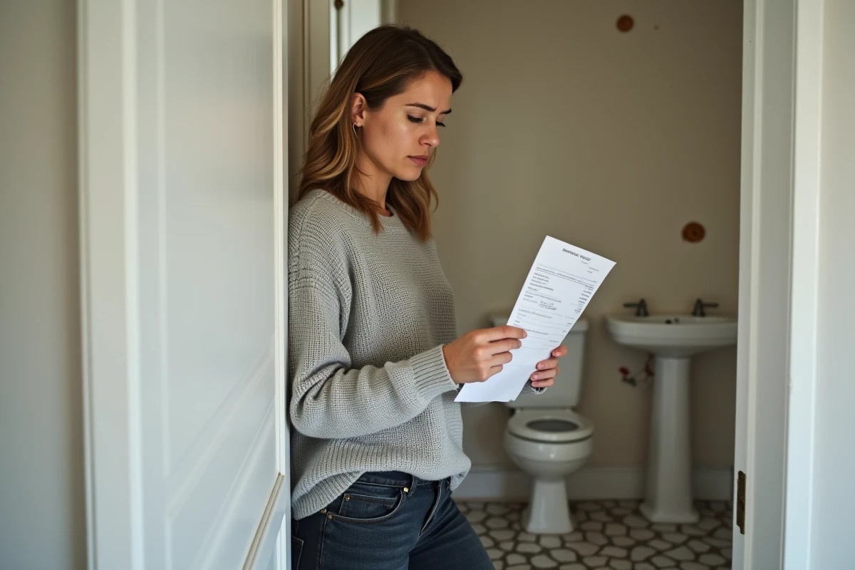 Propriétaire examinant une facture de plombier après une intervention dans la salle de bain