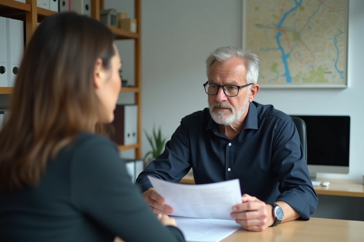 Propriétaire et locataire en discussion autour d'un document immobilier dans une agence, thème de la révision annuelle du loyer