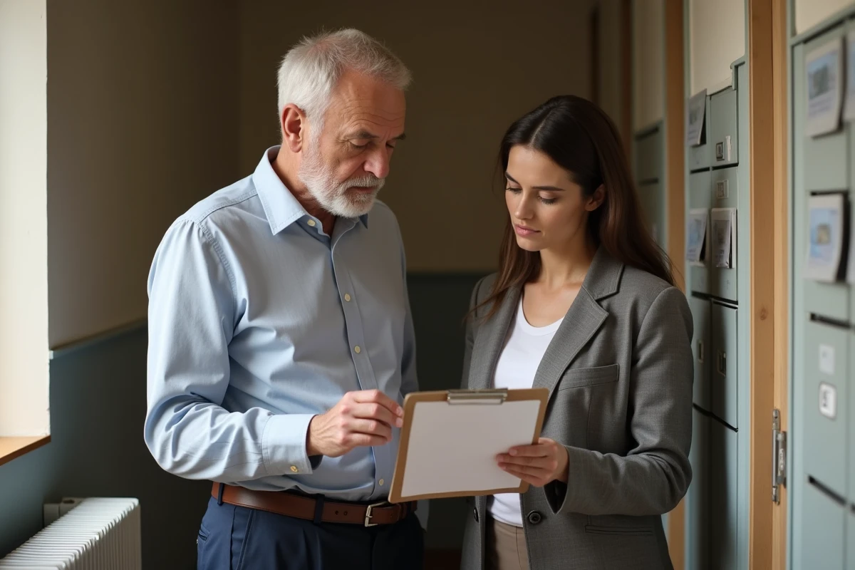 Propriétaire et locataire discutant des responsabilités de réparation plomberie dans un couloir d'immeuble