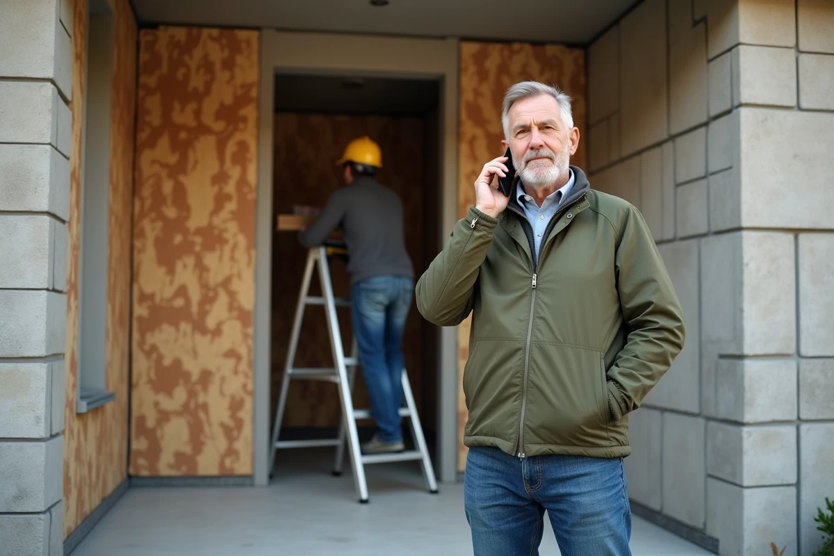 Propriétaire devant sa maison en rénovation téléphonant à son assureur, illustrant la nécessité d'une assurance pendant un chantier de construction